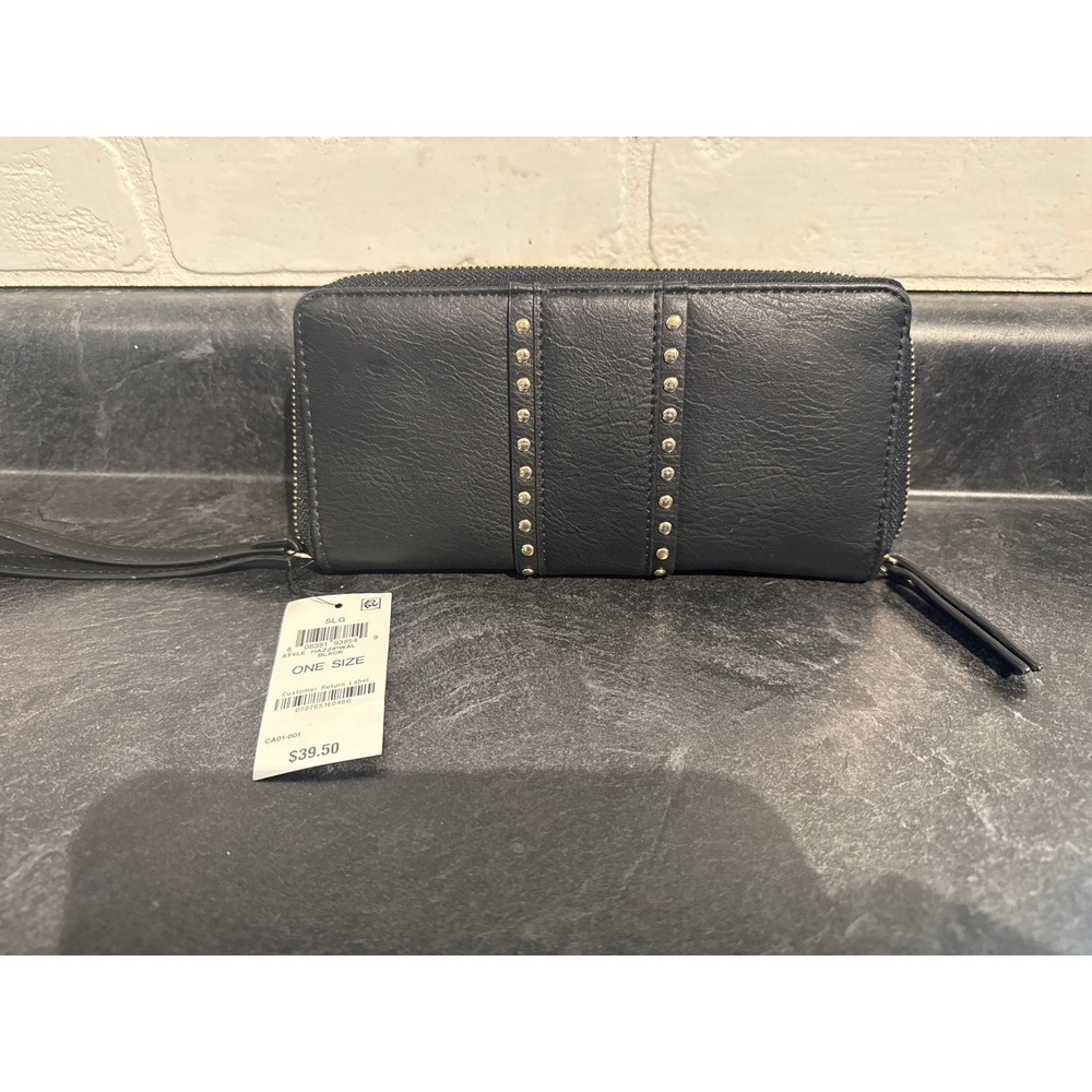 INC Studded Zip Around Wallet Clutch Wristlet Black One Size